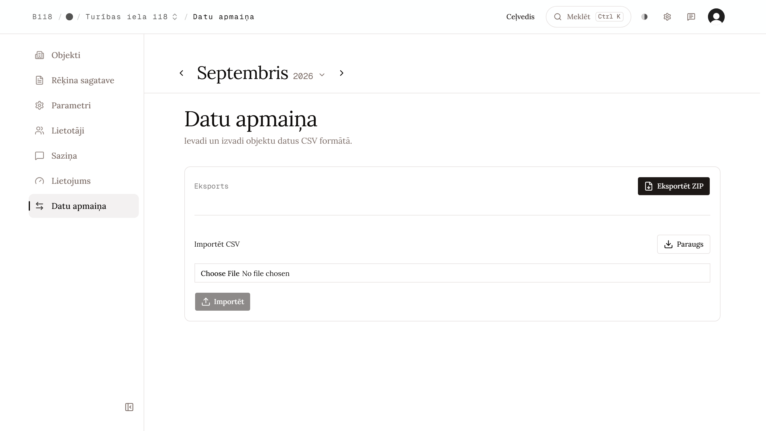 Datu apmaiņas sadaļa ar importa un eksporta iespējām.